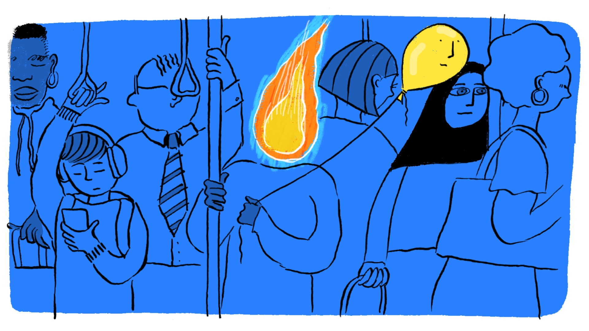 An illustration shows a crowded subway train with a person whose head is a candle.