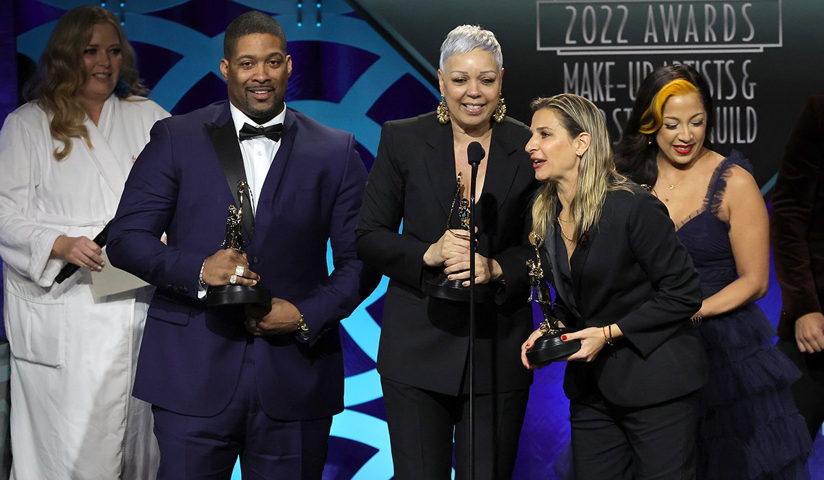 Trent Simmons, Merc Arceneaux, Vera Steimberg, and Caroline Monge speak onstage during the 9th Annual Make-Up Artists & Hair Stylists Guild Awards in 2022