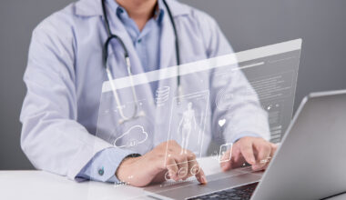 doctor or medical researcher analyzing patient data on health technology, artificial intelligence, and digital medical innovations. Modern healthcare cloud concept for research and diagnostics.