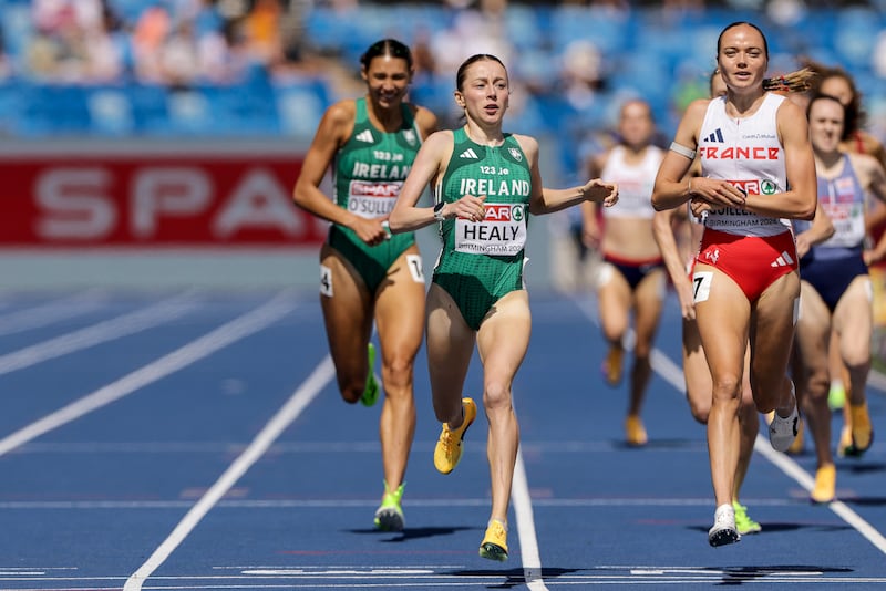 Ireland's Sarah Healy finishes in second place and qualifies for the final in her heat. Photograph: Morgan Treacy/Inpho
