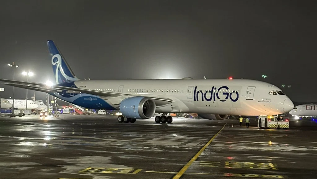 IndiGo's first-ever long-haul flight to Manchester with B787-9 pushback at Mumbai Airport.