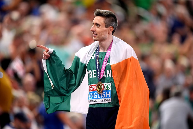 Gold medalist Mark English of Ireland celebrates after winning the men's 800m final. Photograph: Mike Egerton/PA