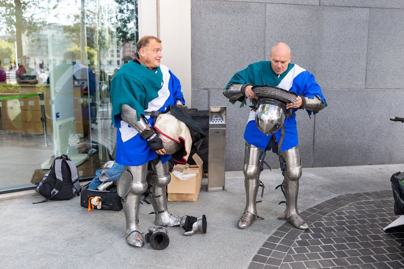 Wayne Tickner (left) and Roger Dawson of the Medieval Armoured Combat Ireland and the group for Fragarach Medieval Combat Club at Comic Con. Photograph: Tom Honan