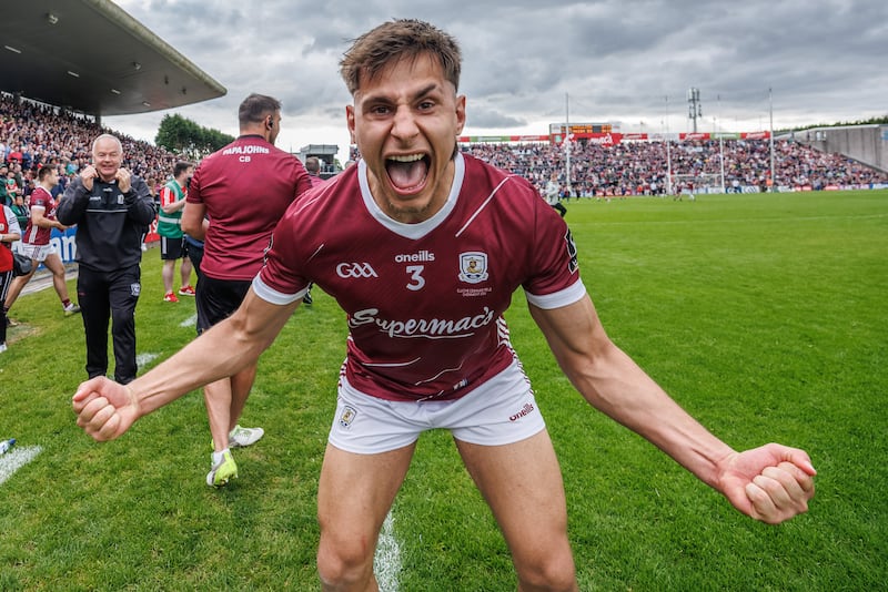 Seán Fitzgerald celebrates Galway's victory against Mayo in the 2024 Connacht SFC final at Pearse Stadium, Galway. Photograph: James Crombie/Inpho