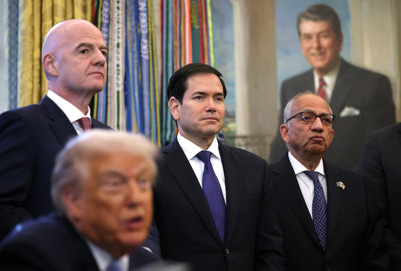 (From left) Fifa president Gianni Infantino with US president Donald Trump, US secretary of state Marco Rubio and Fifa's Carlos Cordeiro, at the White House last November. Cordeiro has resigned from his position in opposition to Infantino's plans to sell a stake in the World Cup. Photograph: Win McNamee/Getty Images