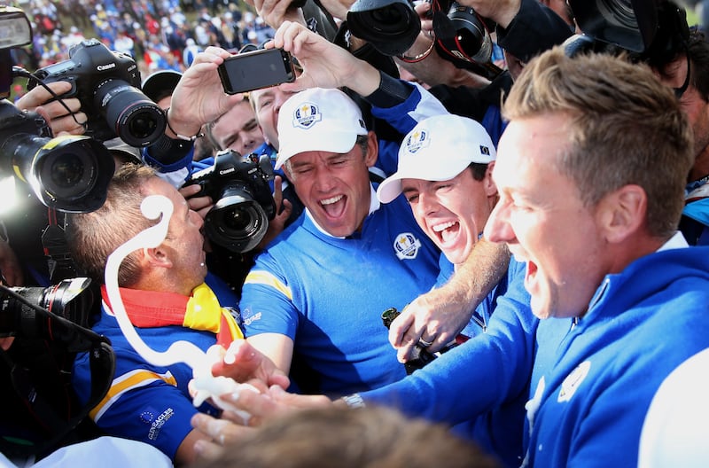 Sergio Garcia, Lee Westwood, Rory McIlroy and Ian Poulter celebrate Europe's win over the USA at the 2014 Ryder Cup at Gleneagles in Scotland.  Photograph: Ross Kinnaird/Getty Images