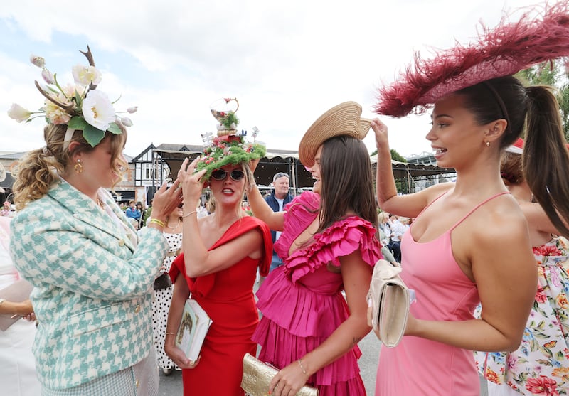 Anne Holthaus, Aisling McCarthy, who won Most Creative Hat, Gigi Lynn Browne and Molly Kane, on Ladies Dayw 2026. Photograph: Alan Betson/The Irish Times

