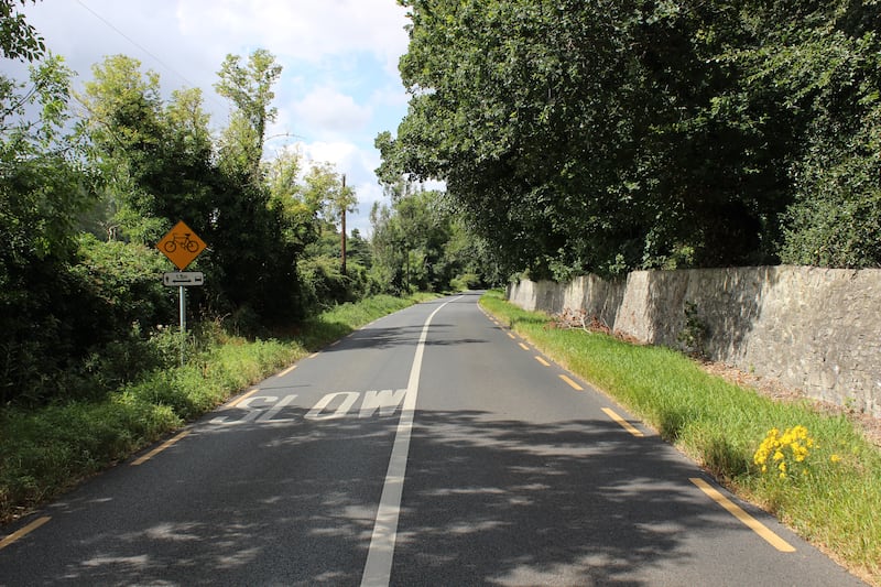 The stretch of road on which Glen Hansard was traveling when he crashed on Wednesday morning. Tributes and flowers have been left at the spot. Photograph: Hugh Dooley