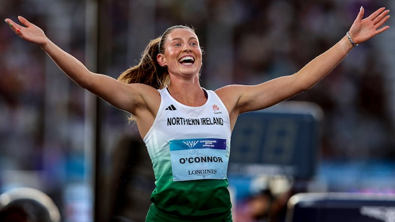 Kate O'Connor celebrates after the 800m at the Commonwealth Games in Glasgow on Wednesday, safe in the knowledge she had won heptathlon gold. Photograph: Inpho