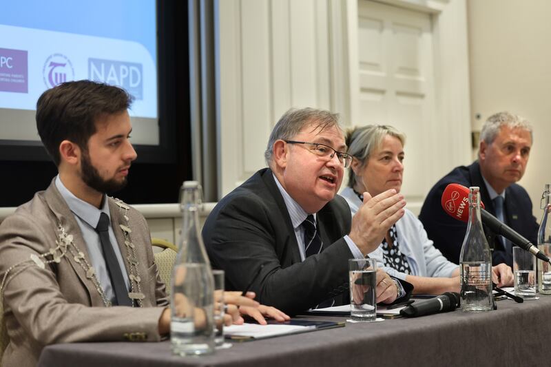 Harrison Rossiter McGuire, President ISSU, Michael Gillespie, TUI, Áine Lynch, NPC and Paul Crone, NAPD during a press conference on the reform of the CAO points system held by Children’s Rights Alliance in Buswells Hotel, Dublin.
Photograph: Dara Mac Dónaill / The Irish Times












