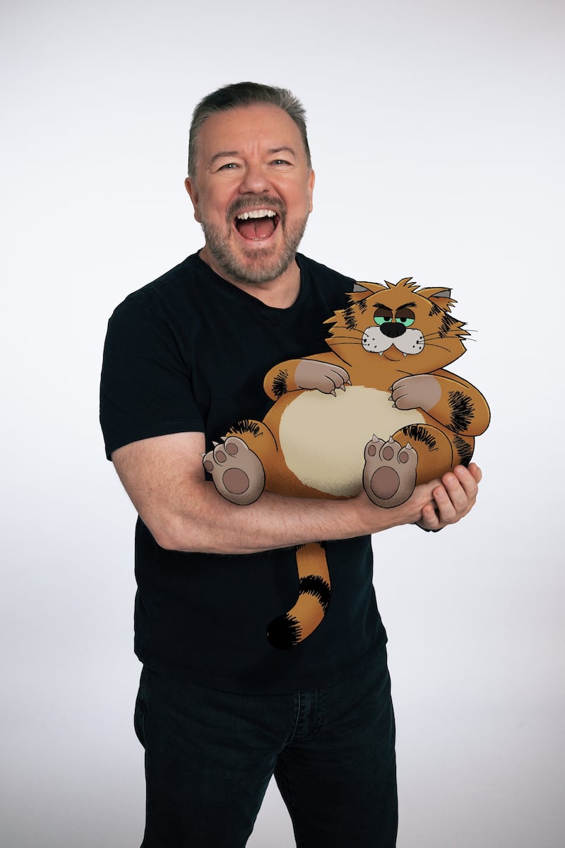 Ricky Gervais  with Gus, the cartoon cat he voices in Alley Cats. Photograph: Netflix