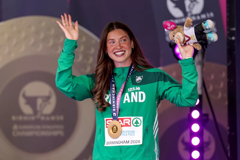 Kate O’Connor during the heptathlon medal ceremony on Sunday. Photograph: Morgan Treacy/Inpho