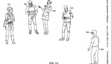A patent line drawing showing an individual with smart glasses viewing four other people standing nearby.
