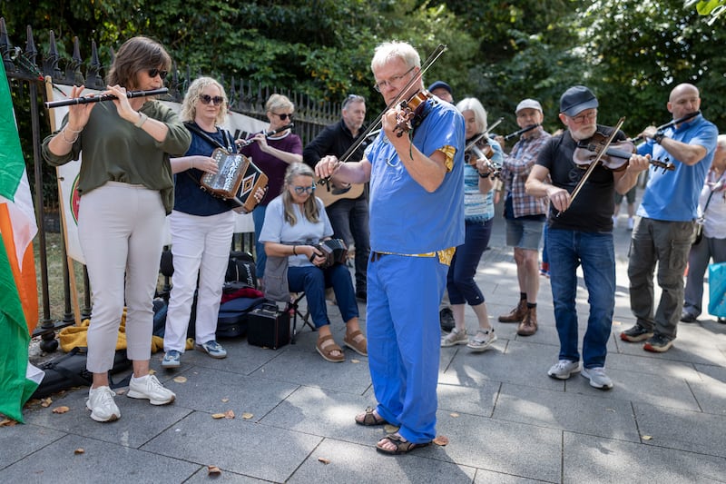 Dr Kieran Harkin, a GP from Dublin, performing during the protest. Photograph: Tom Honan for The Irish Times