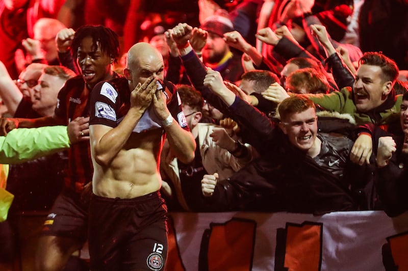 Bohemians’ Georgie Kelly celebrates scoring his side’s first goal with fans during the FAI Cup semi-final against Waterford at Dalymount Park, Dublin, on October 22nd, 2021. Photograph: Bryan Keane/Inpho