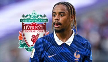 PSG and France star Bradley Barcola next to the Liverpool badge