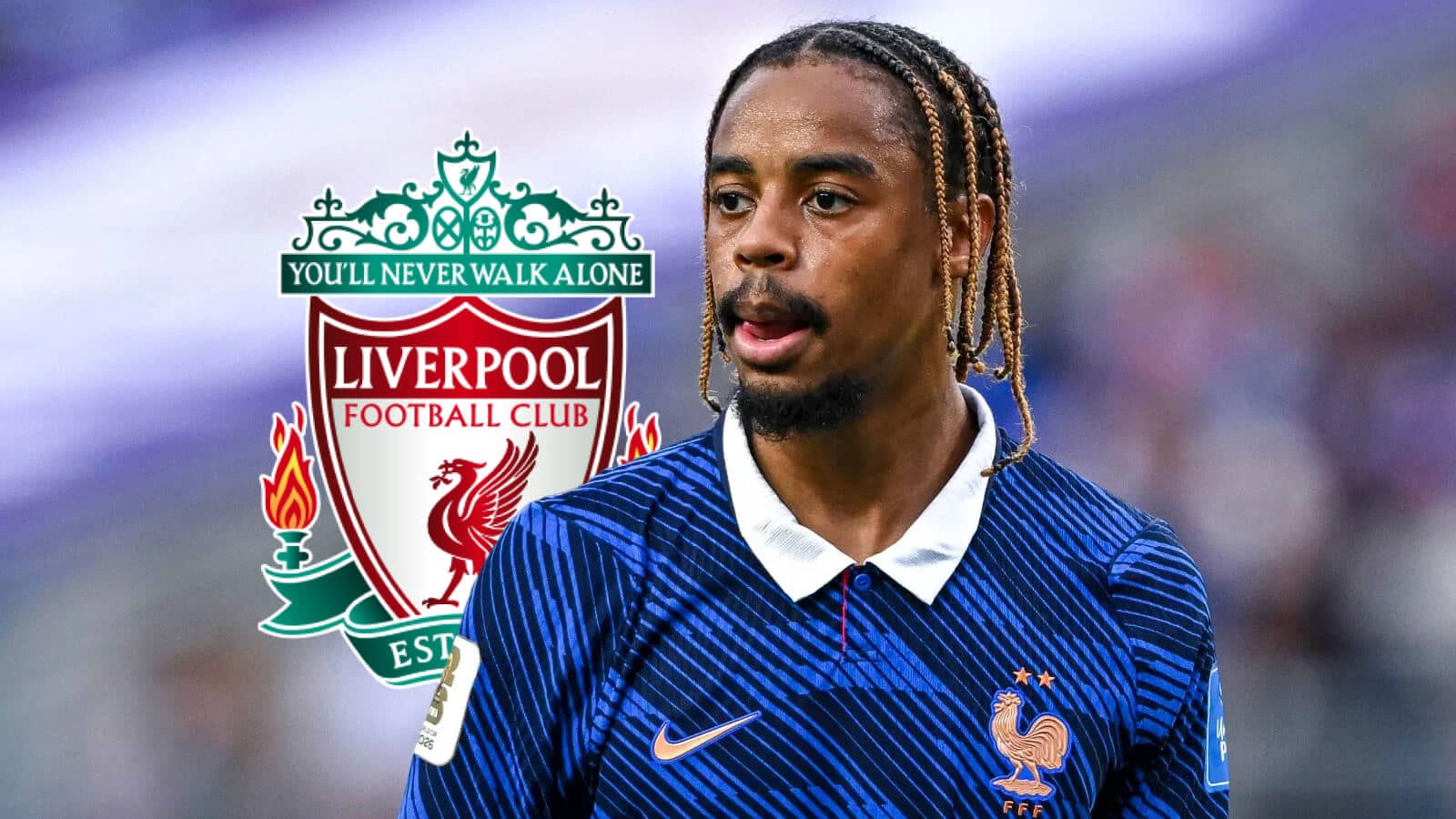 PSG and France star Bradley Barcola next to the Liverpool badge