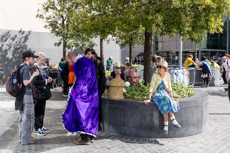Valerie Counsell (right) from England alongside Comic Con attendees in Dublin on Saturday. Photograph: Tom Honan
