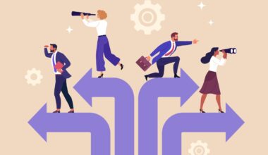 Four cartoon business people on diverting purple arrows looking at opportunities in the distance.