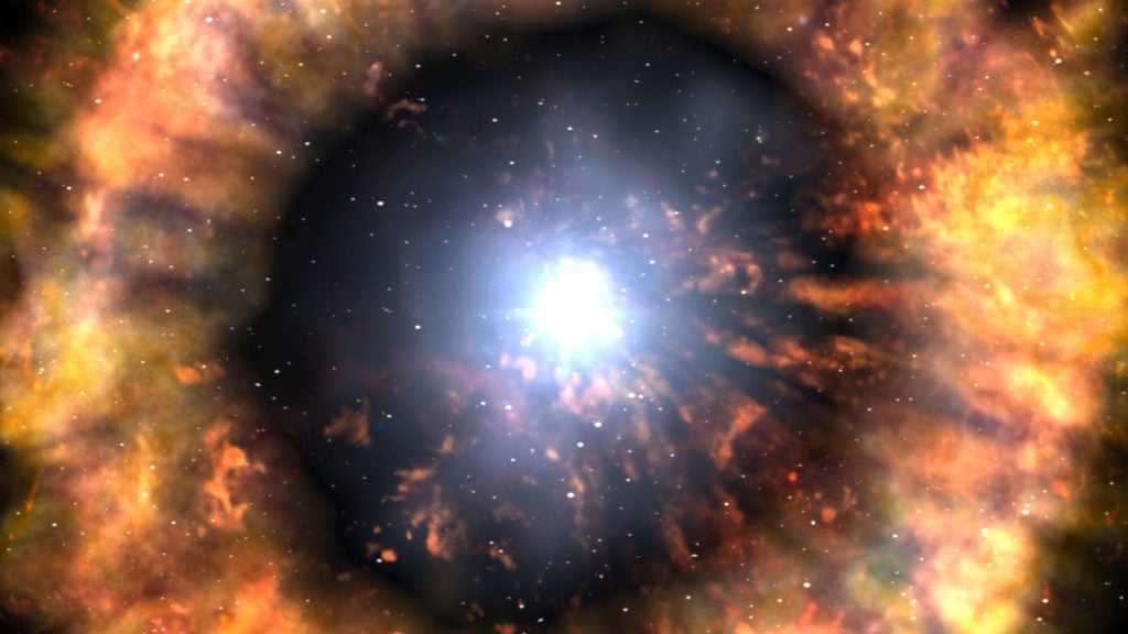 This artist's illustration shows a star exploding as a supernova. Astrophysicists caught the shock break out from a supernova 500 million light years away, the first indication of a massive stellar explosion. By detecting the break out, researchers were able to learn a lot about the progenitor and its surroundings. Image Credit: NASA/Swift/Skyworks Digital/Dana Berry
