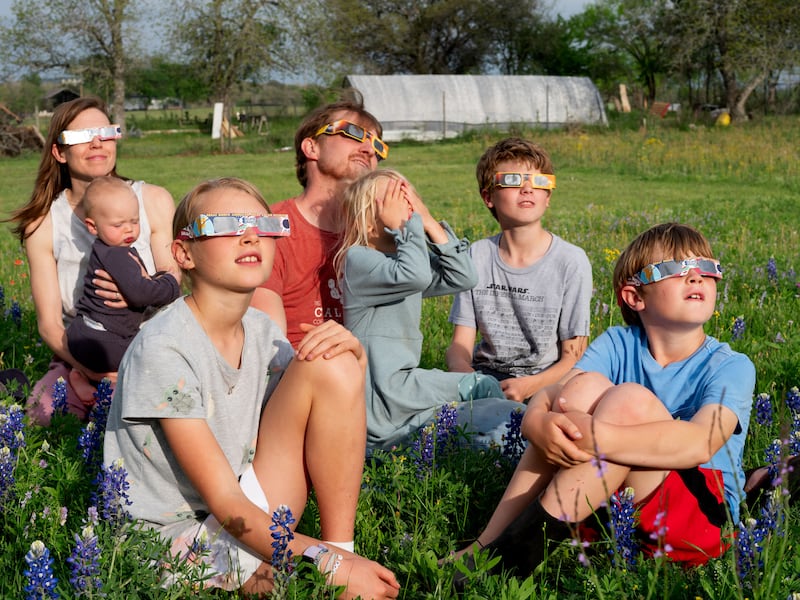 People watching a solar eclipse in Fredericksburg, Texas, in April 2024. Photograph: Holly Lynton/The New York Times
