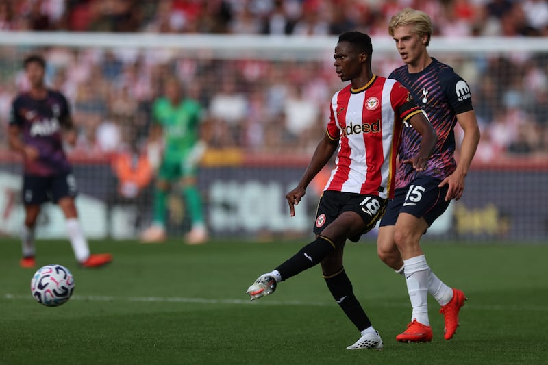 Brentford's Mamadou Sangaré passes the ball during the Premier League match against  Tottenham Hotspur at the Gtech Community Stadium. Photograph: Adrian Dennis/AFP via Getty Images
