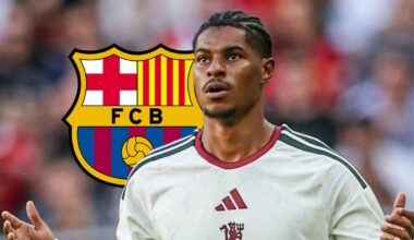 Marcus Rashford with a Barcelona badge