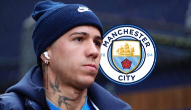 Chelsea star Enzo Fernandez with a Man City badge
