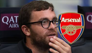 Transfer guru Fabrizio Romano next to the Arsenal badge - copyright F365