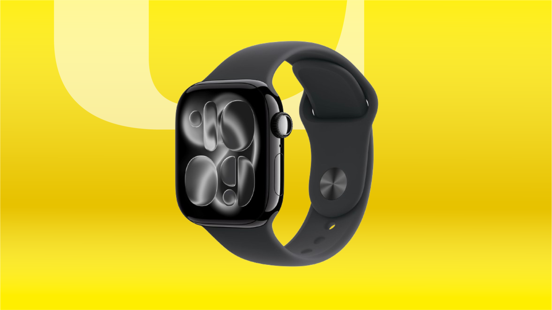 Black Apple Watch Series 11 against yellow CNET background