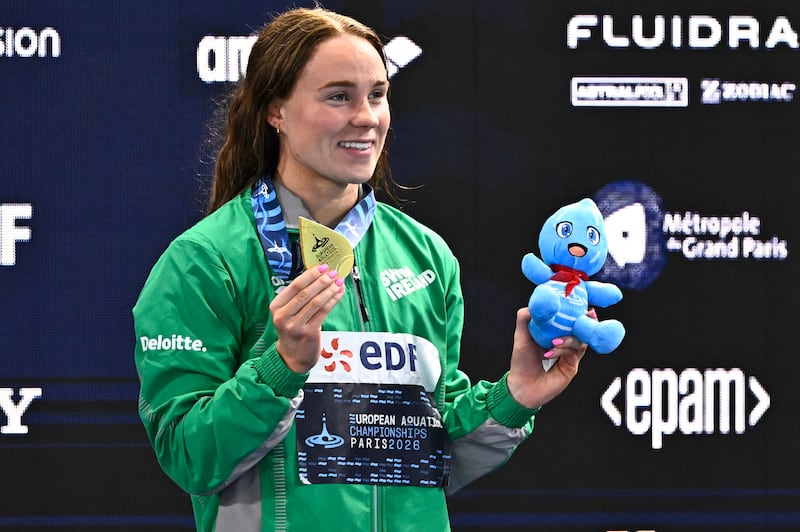 Ireland's Ellen Walshe poses with her gold medal. Photograph: Julien De Rosa/AFP via Getty