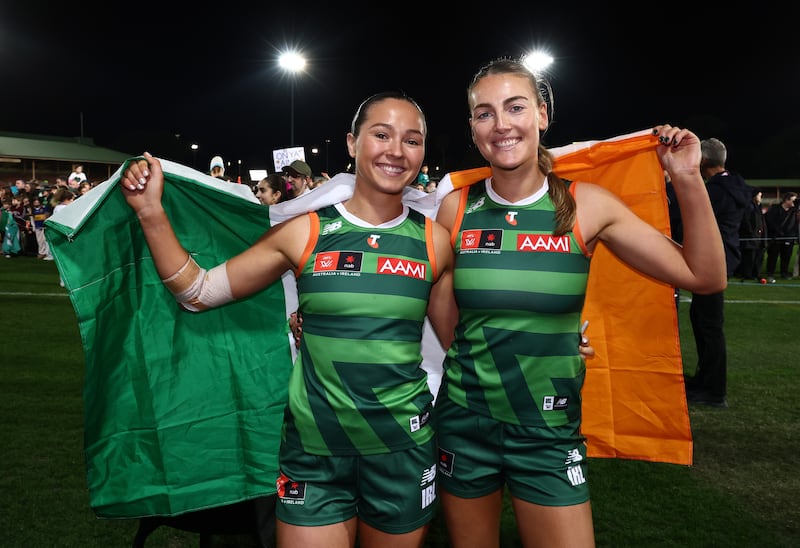 Niamh Martin and Áine McDonagh of Ireland at the match at North Sydney Oval on Saturday. Photograph: James Wiltshire/AFL Photos via Getty Images