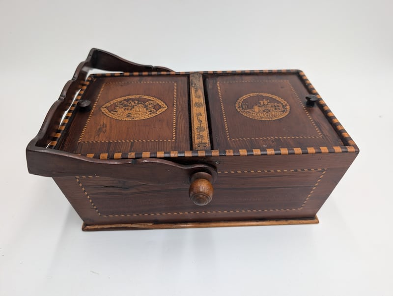 Killarney arbutus wood with inlaid marquetry sewing box (€150-€250), Victor Mee Heritage Collection auction
