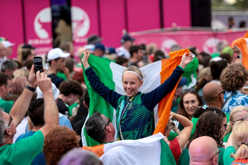 Ireland fans cheer on Kate O’Connor ahead of the medal ceremony for the heptathlon. Photograph: Morgan Treacy/Inpho
