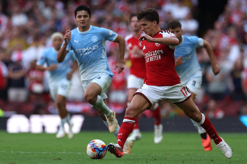 Arsenal's Christos Tzolis controls the ball against Manchester City. Photograph: Adrian Dennis/AFP via Getty