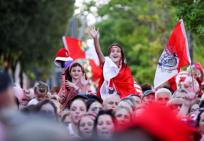 Cork supporters celebrate during the homecoming event. Photograph: Tom Maher/Inpho