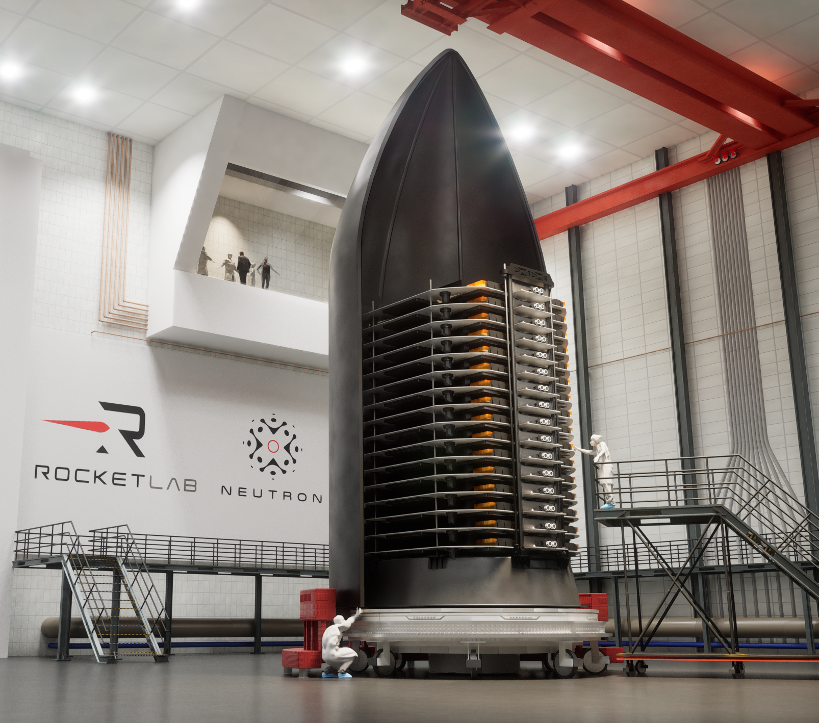 A stack of thin satellites sits in half a rocket fairing in a clean room.