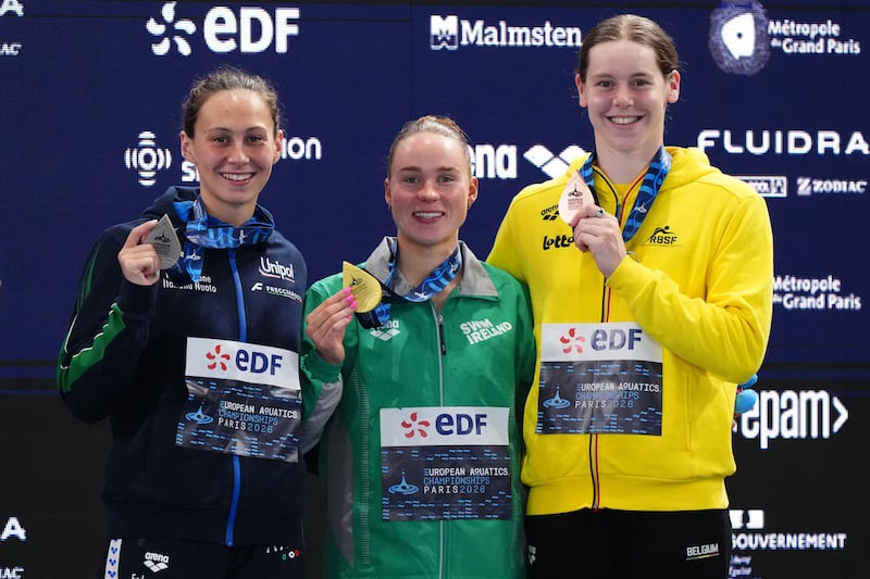 Italy's Anita Gastaldi (left), Ireland's Ellen Walshe (centre) and Belgium's Roos Vanotterdijk (right) with their medals from the women's 200m IM. Photograph: Dimitar Dilkoff/AFP via Getty Images