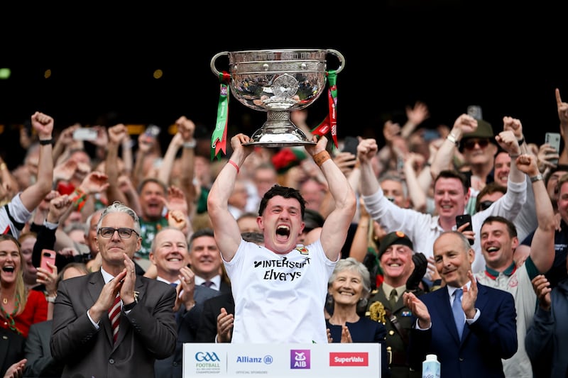 Mayo captain Jack Coyne lifts the Sam Maguire Cup after his team's victory against Kerry in the All-Ireland SFC final at Croke Park last Sunday. Photograph: Stephen McCarthy/Sportsfile via Getty Images