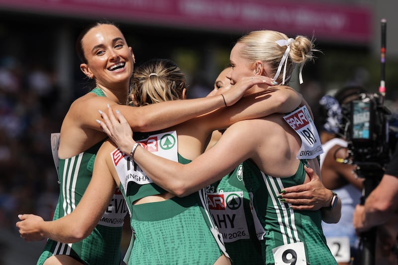 The Irish 4x100m relay team celebrate their progression to the finals. Photograph: Morgan Treacy/Inpho