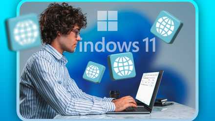 A young man using a laptop, with several internet icons around and the Windows 11 logo in the background.