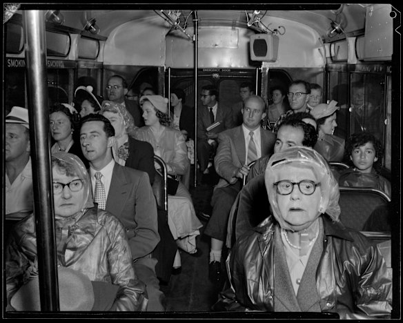 This image by Max Dupain of women on the bus at an open day in Kurnell Refinery is rarely seen. 