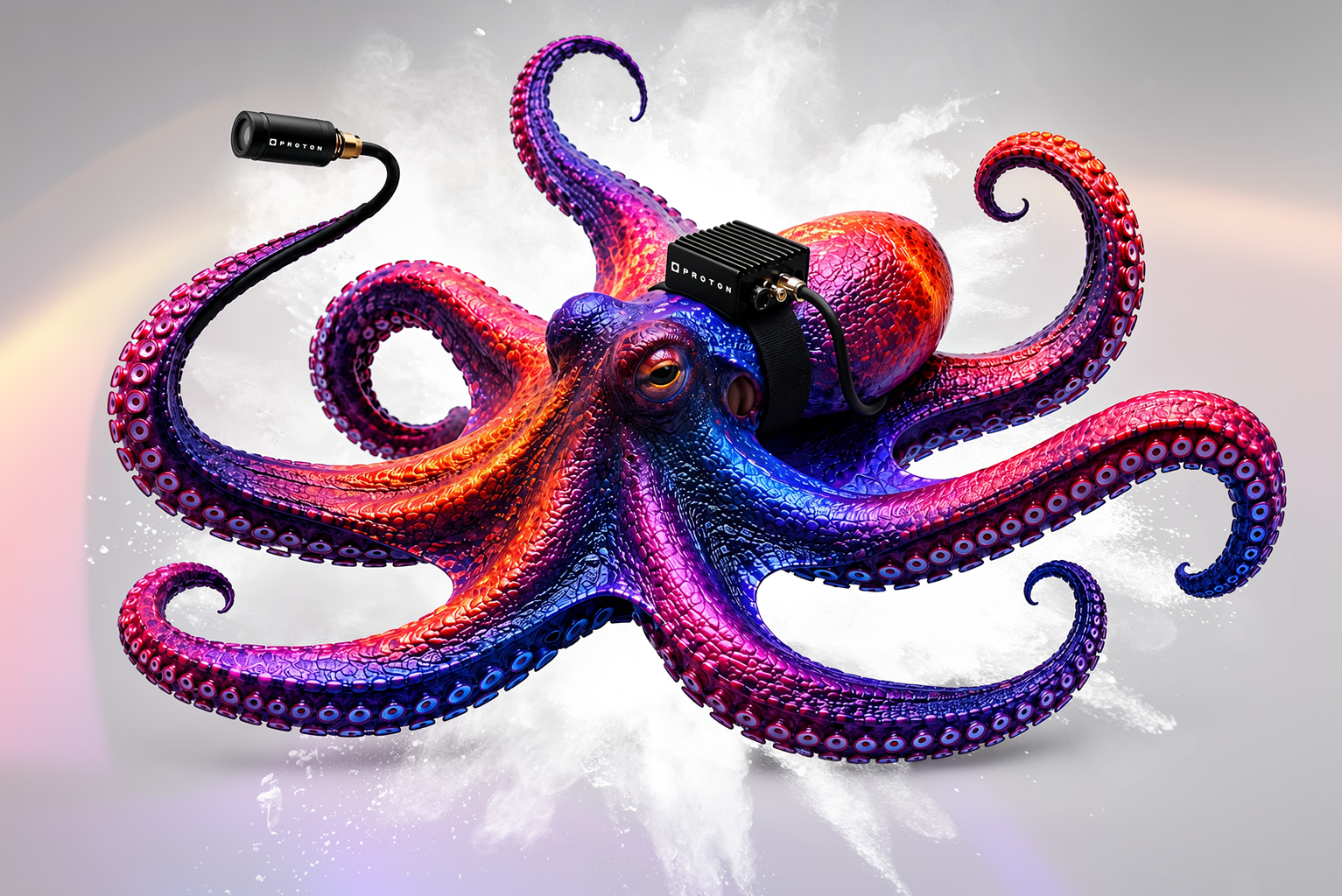 Proton Camera Innovations camera mounted on a graphic of an octopus