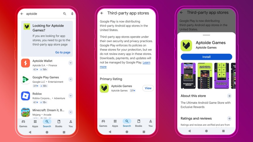 Screenshots showing the steps needed to install Aptoide Games on an Android phone.