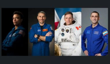 From left to right, NASA astronauts Jessica Watkins and Luke Delaney, Canadian Space Agency astronaut Joshua Kutryk, and Roscosmos cosmonaut Sergey Teteryatnikov.