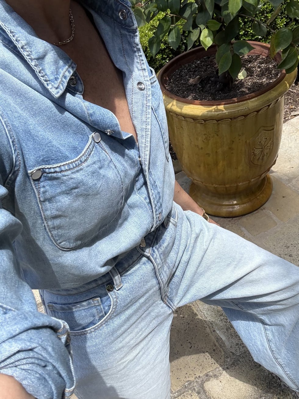 Casual outfit featuring a denim shirt and jeans, posed beside a decorative planter with green foliage.