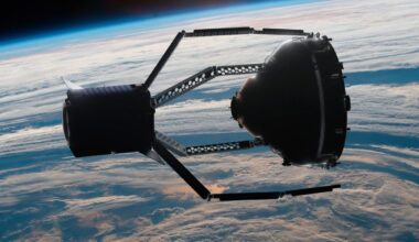 Image of a vehicle in space using robotic tentacle arms to grab a piece of space junk