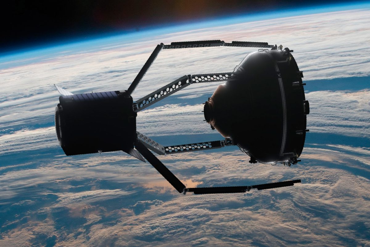 Image of a vehicle in space using robotic tentacle arms to grab a piece of space junk