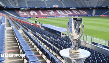 The Super Cup trophy in the Red Bull Arena