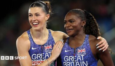 Dina Asher-Smith laughs during her post-race interview
